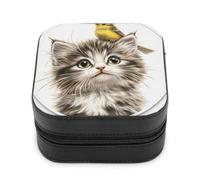 Jubonexis Piccolo portagioie a forma di gattino con uccello giallo sulla testa, portatile, in pelle PU, mini espositore, da viaggio, per donne