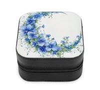Jubonexis Piccolo portagioie a forma di luna crescente con fiori blu, portatile, in pelle PU, mini espositore, da viaggio, per donne