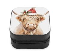 Jubonexis Piccolo portagioie ad acquerello con mucca delle Highland con cappello di Natale, portatile, in pelle PU, mini espositore, scatole da viaggio per gioielli da donna