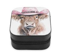 Jubonexis Piccolo portagioie ad acquerello con mucca delle Highland rosa, cappello da cowboy, portatile, in pelle PU, mini espositore, scatole da viaggio per gioielli da donna