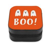 Jubonexis Piccolo portagioie bianco con fantasmi dei cartoni animati Halloween portatile in pelle PU mini display scatole porta gioielli da viaggio per le donne