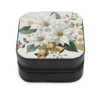 Jubonexis Piccolo portagioie bianco Poinsettia Fiori Campane Dorate Portatile in Pelle PU Mini Display Storage Holder Scatole Portagioie da viaggio per le donne