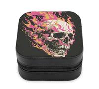 Jubonexis Piccolo portagioie bianco teschio con fiamme rosa gialle portatili in pelle PU mini display scatole porta gioielli da viaggio per donne