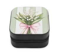 Jubonexis Piccolo portagioie con fiori della valle legati con un fiocco rosa, portatile, in pelle PU, mini espositore, scatole da viaggio per gioielli da donna