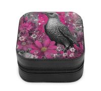 Jubonexis Piccolo portagioie con fiori di uccello, rosa e grigio, arte di strada, portatile, in pelle PU, mini espositore, scatole da viaggio per gioielli da donna