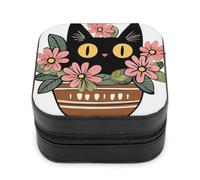 Jubonexis Piccolo portagioie con gatto nero dietro grappolo di fiori rosa, portatile, in pelle PU, mini espositore, scatole da viaggio per gioielli da donna