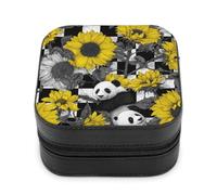Jubonexis Piccolo portagioie con girasoli e panda su sfondo nero e bianco a scacchi, portatile, in pelle PU, mini espositore, da viaggio, per donne