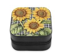Jubonexis Piccolo portagioie con girasoli su sfondo bianco e nero, motivo a quadri, portatile, in pelle PU, mini espositore, scatole da viaggio per gioielli da donna