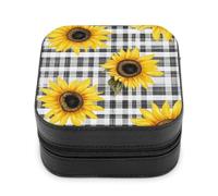 Jubonexis Piccolo portagioie con girasoli su sfondo bianco nero a scacchi, portatile, in pelle PU, mini espositore, da viaggio, per donne