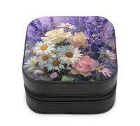 Jubonexis Piccolo portagioie con margherite, rose e fiori di lavanda, portatile, in pelle PU, mini espositore, scatole da viaggio per gioielli da donna