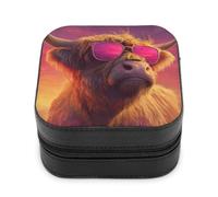 Jubonexis Piccolo portagioie con mucca delle Highland che indossa occhiali da sole rosa, portatile, in pelle PU, mini espositore, scatole da viaggio per gioielli da donna