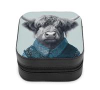 Jubonexis Piccolo portagioie con mucca delle Highland che indossa una camicia blu, portatile, in pelle PU, mini espositore, scatole da viaggio per gioielli da donna