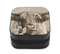 Jubonexis Piccolo portagioie con mucca delle Highland che mangiano margherite, vintage, portatile, in pelle PU, mini espositore, scatole da viaggio per gioielli da donna