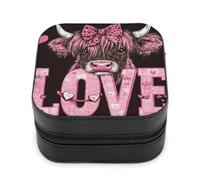 Jubonexis Piccolo portagioie con mucca delle Highland con cocchettone rosa, fiocco di San Valentino, portatile, in pelle PU, mini espositore, da viaggio, per donne