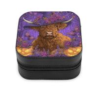 Jubonexis Piccolo portagioie con mucca delle Highland Halloween cappello da strega viola portatile in pelle PU mini display scatole porta gioielli da viaggio per donne