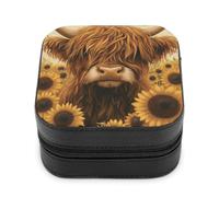 Jubonexis Piccolo portagioie con mucca delle Highland in campo di girasoli, portatile, in pelle PU, mini espositore, scatole da viaggio per gioielli da donna