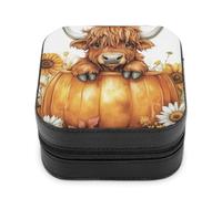 Jubonexis Piccolo portagioie con mucca delle Highland in fiori di zucca portatile in pelle PU mini display scatole porta gioielli da viaggio per donne