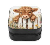 Jubonexis Piccolo portagioie con mucca delle Highland su recinzione, fiori da fattoria, portatile, in pelle PU, mini espositore, scatole da viaggio per gioielli da donna