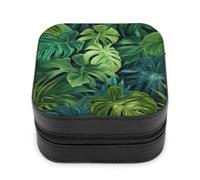Jubonexis Piccolo portagioie con piante della foresta pluviale di Monstera tropicale, portatile, in pelle PU, mini espositore, da viaggio, per donne