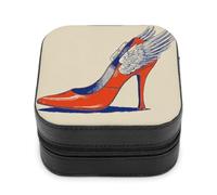 Jubonexis Piccolo portagioie con tacco rosso con piccole ali d'angelo, portatile, in pelle PU, mini espositore, scatole da viaggio per gioielli da donna