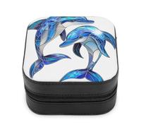 Jubonexis Piccolo portagioie in vetro colorato con due delfini che saltano portatile in pelle PU mini display scatole porta gioielli da viaggio per donne