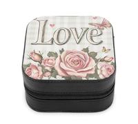 Jubonexis Piccolo portagioie vintage con parole d'amore con rose e farfalle, portatile, in pelle PU, mini espositore, da viaggio, per donne