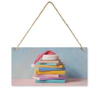 Jubonexis Pila di libri con cappello di Babbo Natale, cartello artistico da parete in legno rustico da appendere al giardino
