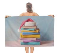 Jubonexis Pila di libri con cappello di Babbo Natale, telo mare in microfibra senza sabbia, asciugamano da doccia grande, multiuso, assorbente, per bagno e piscina, 130 x 80 cm