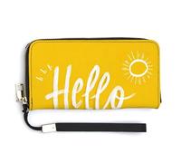 Jubonexis Pochette in pelle PU minimalista con scritta "Hello Summer on Yellow", portafoglio lungo a due pieghe, portamonete, porta carte di credito, porta carte di credito e denaro per donne e uomini