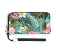 Jubonexis Pochette lunga in pelle PU con fiori rosa tropicali bianchi su turchese, portamonete, porta carte di credito, porta carte di credito e denaro per donne e uomini
