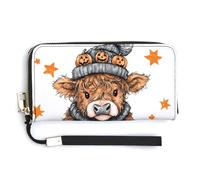Jubonexis Pochette lunga in pelle PU con mucca delle Highland seduta su una grande zucca arancione, portamonete, porta carte di credito, porta carte di credito e denaro per donne e uomini