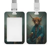 Jubonexis Porta badge con mucca delle Highland in verde e blu, su misura, con clip retrattile, porta carte di credito, targhetta per nome, per lavoro, ufficio, dottore, infermiere