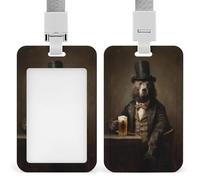 Jubonexis Porta badge con orso nel cappello a cilindro Cravat at Dark bar in legno porta badge retrattile clip porta carte di credito nome badge targhetta per lavoro ufficio medico infermiera