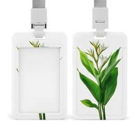 Jubonexis Porta badge identificativo con fiore tropicale verde su sfondo bianco, clip retrattile, protezione per carte di credito, targhetta per nome, per lavoro, ufficio, dottore, infermiera