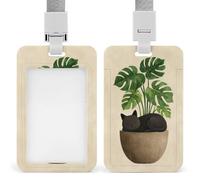 Jubonexis Porta badge minimalista con gatto che dorme nel vaso Monstera ID porta badge retrattile clip porta carte di credito protezione nome badge targhetta per lavoro ufficio medico infermiera
