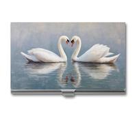 Jubonexis Porta biglietti da visita con due cigni bianchi, tascabile, sottile, in metallo, per donne e uomini