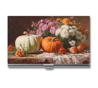 Jubonexis Porta biglietti da visita con due zucche e crisantemi margherite, tasca sottile, in metallo, per donne e uomini