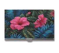 Jubonexis Porta biglietti da visita con fiori di ibisco rosa, foglie tropicali, tascabile, sottile, in metallo, per donne e uomini