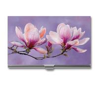 Jubonexis Porta biglietti da visita con fiori di magnolia, tascabile, sottile, in metallo, per donne e uomini