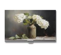 Jubonexis Porta biglietti da visita con fiori di ortensia bianca in vaso, tascabile, sottile, in metallo, per donne e uomini