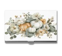 Jubonexis Porta biglietti da visita con fiori di zucca beige e arancione, tascabile, sottile, in metallo, per donne e uomini