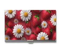 Jubonexis Porta biglietti da visita con fragole con piccole margherite bianche, tascabile, sottile, in metallo, per donne e uomini