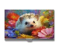 Jubonexis Porta biglietti da visita con piccolo riccio e fiori colorati, tascabile, sottile, in metallo, per donne e uomini