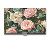 Jubonexis Porta biglietti da visita con rosa rosa e fiore bianco, tascabile, sottile, in metallo, per donne e uomini