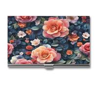 Jubonexis Porta biglietti da visita con rose, peonie e fiori di campo, tascabile, sottile, in metallo, per donne e uomini