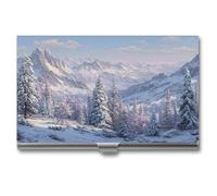 Jubonexis Porta biglietti da visita con scena invernale con pini, alberi e colline, tascabile, sottile, in metallo, per donne e uomini