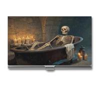 Jubonexis Porta biglietti da visita con scheletro che si rilassa in una vasca da bagno, tasca sottile, in metallo, per donne e uomini