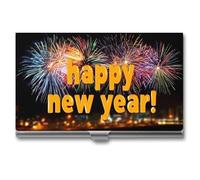 Jubonexis Porta biglietti da visita con scritta "Happy New Year", motivo fuochi d'artificio sulla città, tascabile, sottile, in metallo, per donne e uomini