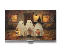 Jubonexis Porta biglietti da visita con simpatici fantasmi illuminati a forma di vecchia casa, tasca sottile in metallo per donne e uomini