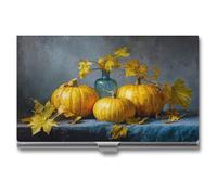 Jubonexis Porta biglietti da visita con tre zucche e foglie gialle sul tavolo, custodia tascabile sottile in metallo per biglietti da visita per donne e uomini